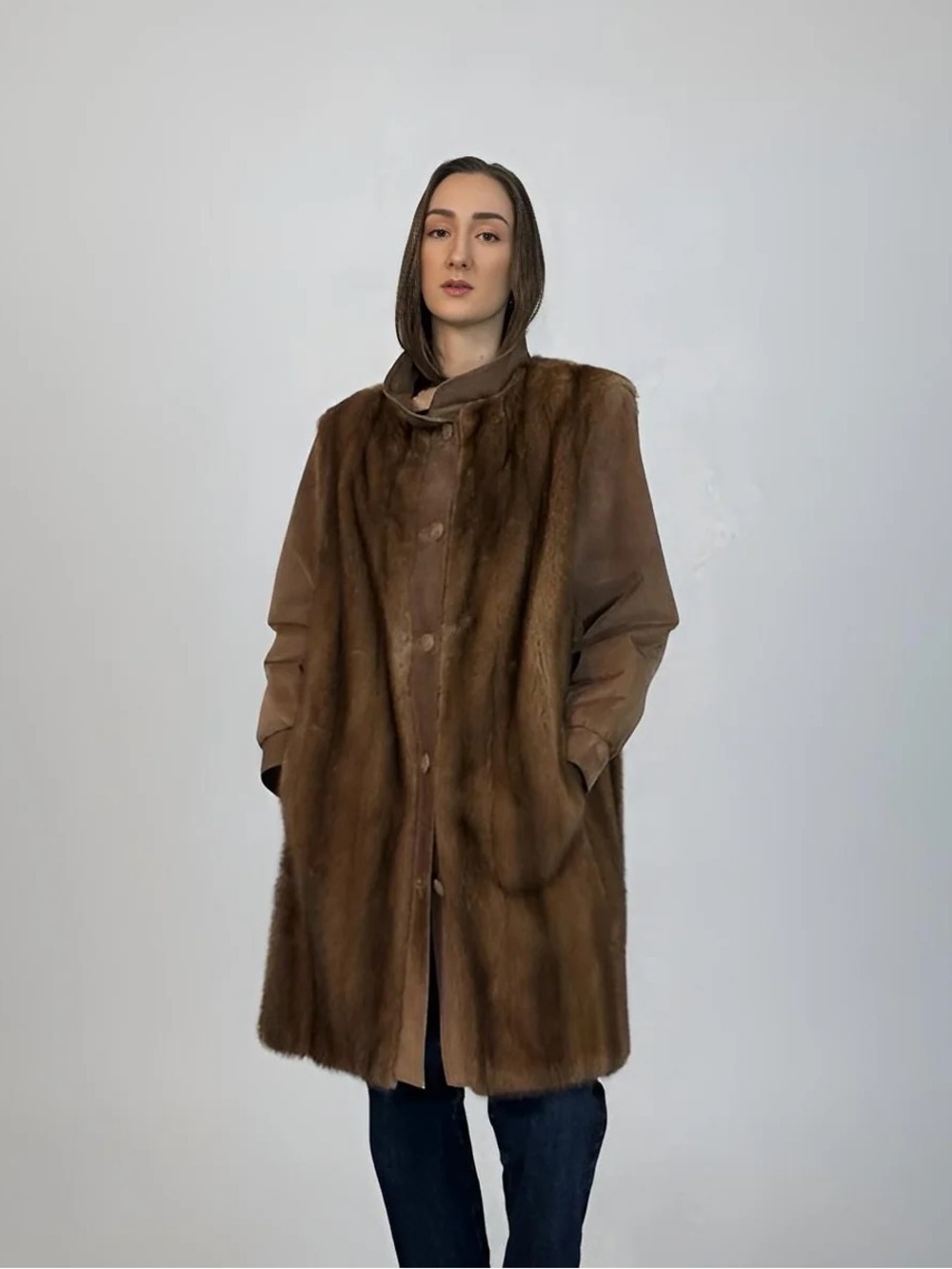 Brown Vintage Women's Coat Suede Sleeves Collar and Fronts.